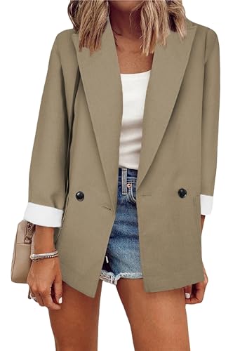 ZICUE Casual De Las Mujeres De Frente Abierto De Color Sólido Blazer De Solapa De Manga Larga Botón Blazer Suave De Trabajo De Negocios Caqui L