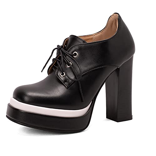 PAUVAODY Moda Mujers Plataforma Heels Mary Janes Cordones Alto Tacón Chunky Pumps Clásica Punta Redonda Trabajo Oficina Dress Zapatos Black Size 34 Cover