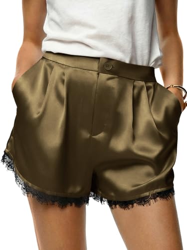 Tankaneo Womens Satin Silk Shorts High Waist Lace Lounge with Pockets
