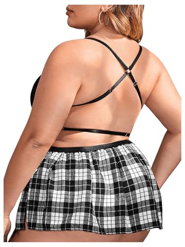 Wdirara Women'S Plus Size School Girl Costumes Lace Bralette And Plaid Skirt Lingerie Set Black And White 2Xl thumb #1