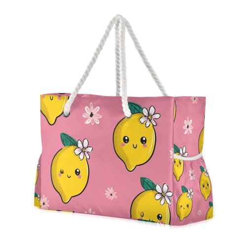 OTVEE Lemons and Pink Flower Pattern Beach Bags for Women Ladies Large Canvas Tote Shoulder Bag Waterproof Travel Bags for Gym Swim Pool Camping