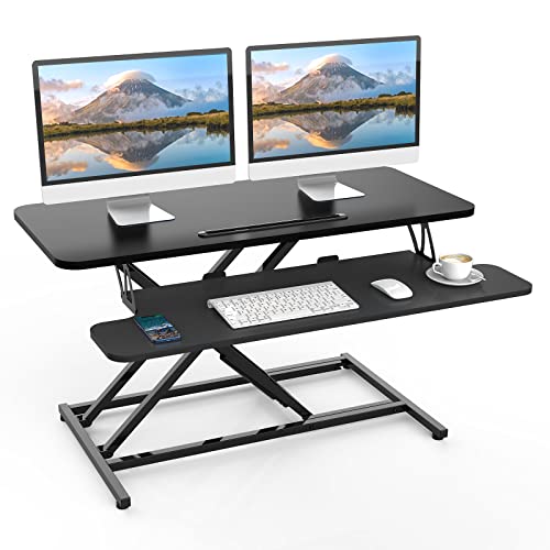 ERGOMAKER Steh-Sitz Schreibtischaufsatz Höhenverstellbar, Stehpult Aufsatz Schreibtisch 91 X 40CM Desktop Erhöhung mit Tastaturablage Für Zwei Monitore,Schwarz