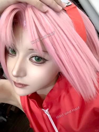 Image of Half and Half Short Pink Anime Cosplay Wig Light Pink Fluffy Spiky Layered Wigs with Widow's Peak for Women Halloween Party Daily