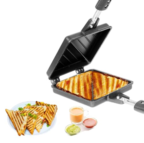 Image of Double Sided Sandwich Grill Pan | Non-Stick Toast Maker Aluminium Stovetop Toaster Gas Stove Flip for Bread Snacks Heat Resistant Handle Black (Jumbo-2 cut Toaster)