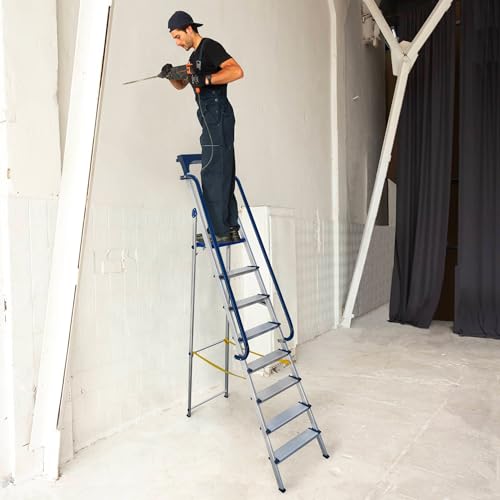 HOSTRÖM Trittleiter, 8 Stufen, Secure Pro, verstärktes Aluminium, sicher mit Rampen, Werkzeughalter, Höhe Plattform 182 cm, Belastung 150 kg