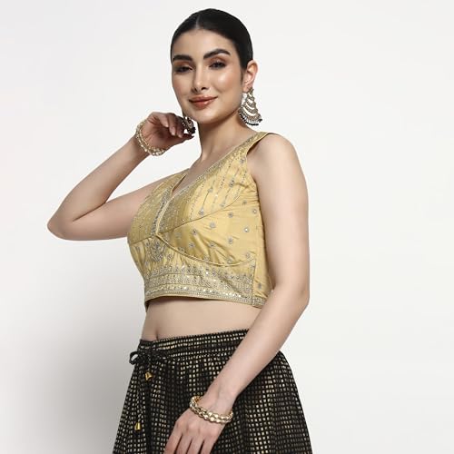 Women’s Embroidered Designer Blouse Readymade Saree Sari Lehenga Choli Sleeveless Crop Top Wedding and Party Wear Beige