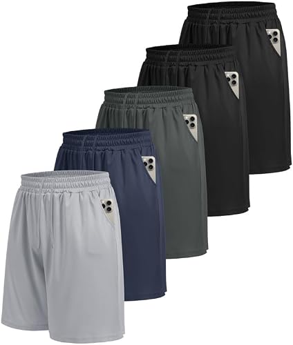 BOOJO 5er Pack Sporthose Herren kurz mit Taschen schnell trocknend | Jogginghose, Trainingshose, Gym-Hose, baggy, atmungsaktiv, elastischer Bund, leicht, schweißableitend, vielseit