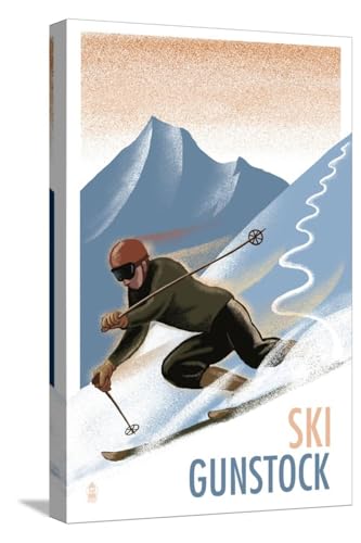 ART.COM Stretched Canvas Print Ski Gunstock - Downhill Skier Lithography Style by Lantern Press, 12" x 18"