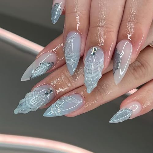 Image of Ocean Shell Press on Nails Light Blue Fake Nails Medium Almond False Nails with Rhinestone Design Glossy Glue on Nails Artificial Acrylic Nail Glitter Stick on Nails for Women Summer Manicure 24Pcs