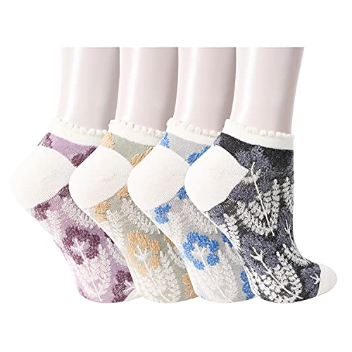 Benefeet Sox Womens Girls Ffunny Novelty Ankle Socks Cute Fun Colorful Patterned Low Cut Socks (4 Pack-Embroidered Flowers Sculptured Leave) #TOP7