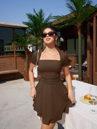 Image of XXTAXN Women's Sexy Square Neck Short Sleeve Ruched Tiered Ruffle Hem Flowy Club Party Mini Dress