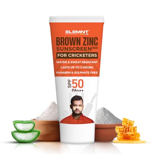 Elemnt Brown Zinc Sunscreen for Cricketers | SPF 50 Zinc Suncream, Broad Spectrum PA+++ with Aloe Vera | Formulated For Heavy Sun Exposure | Water Resistant Sunscreen for Cricketers & Sports | Men & Women - 25gm 7 41Q4Sq3lUkL