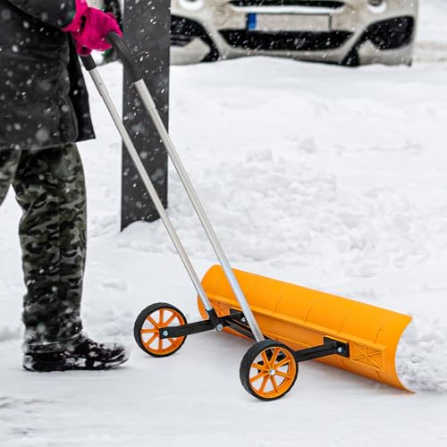 SFIHOME Pala da neve per vialetto, larga 95,2 cm, regolabile, in alluminio, con ruote, pala da neve da spingere per la neve, strumento per la rimozione della neve, per portiere, marciapiedi, giallo