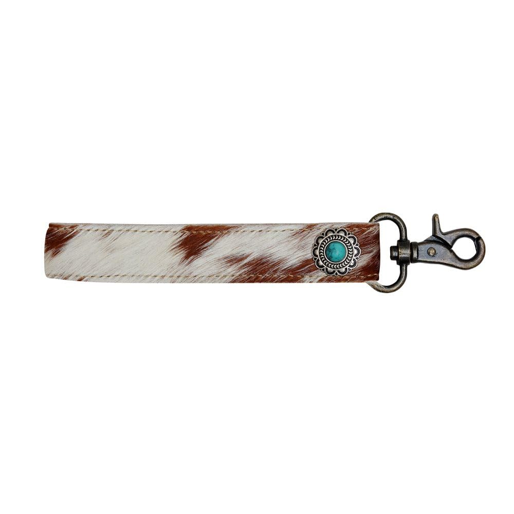 Myra Bag Dusky Keychain Wristlet - Ivory and Caramel Brown Hairon Cowhide Key Fob with Vintage Concho Embellishment, Cow Hide Key Chain, Key Ring, Keychains for Women, Car Key Holder, Key Carabiner,