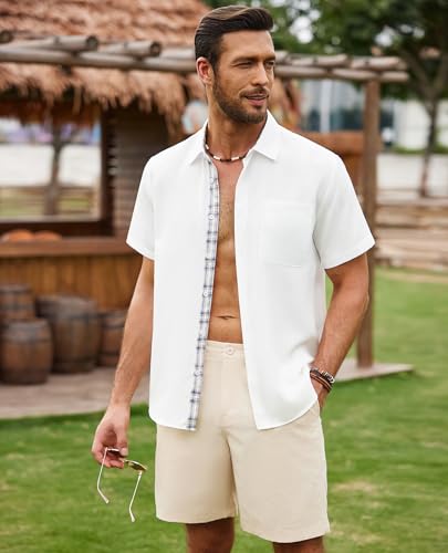 Mens Button Down Short Sleeve Shirts Summer Casual Linen-Like Urban Shirt Beach Wedding Vacation Tops with Pocket3