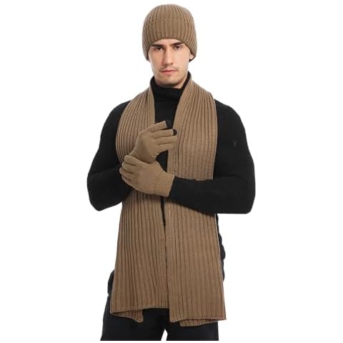Winter Hats Scarf for Men with Touchscreen Gloves Set Warm Men's Beanie Hats Thermal Gloves and Long Scaves Khaki Cover