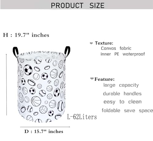 Image of Kids Laundry Hamper Clothes Gift Basket Storage Laundry Baskets Organizer Bin with Handles for Nursery Room (Sports ball)