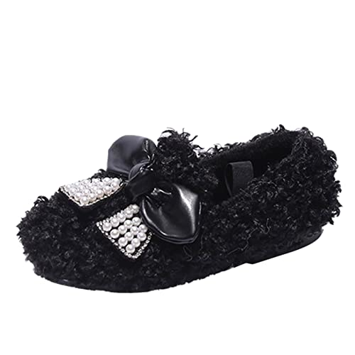 Winter Children Shoes Baby Girls Cotton Shoes Flat Non Slip Pearl Bow Plush Warm Lightweight Comfortable Slippers (Black, 10.5-11 Years Big Kids)