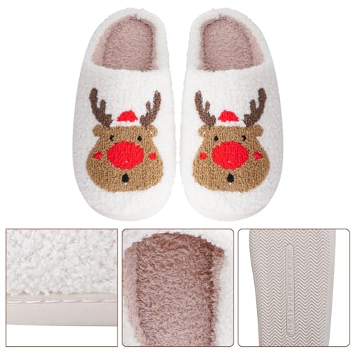 Hoyuwak Christmas Elk Slide Slippers - Xmas Raindeer Slippers for Women, Men & Family - Fluffy, Warm, Indoor/Outdoor2