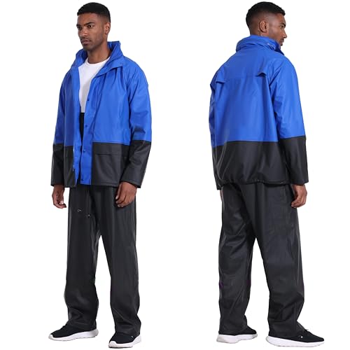 Image of Men's Workwear 3-Piece Waterproof PU Rain Suit Set | Hooded Jacket & Bib Pants, Sealed Seams, Storm Flap, Adjustable Suspenders, Flap Pockets, Outdoor Work, Fishing, Farming