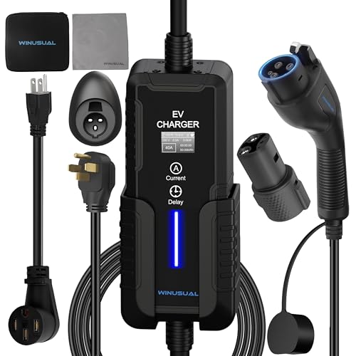 WINUSUAL 40 Amp Level 2/1 Portable EV Charger with NEMA 14-50/5-15 Adapter(110-240V), SAE J1772 Charger with Adapter for Tesla Electric Car Charger, 25FT Cable, Fix Time Charge,Current Adjustable