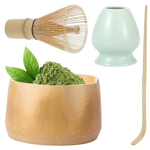 LCZNXJJY 4PCS Matcha Whisk Set,Japanese Traditional Ceramic Bowl,Matcha Making Kit,Bamboo Match Bowl w Spout, Whisk & Tea Scoop,Ceramic Matcha Whisk Stand,Complete Matcha Whisk & Bowl Set for Starter