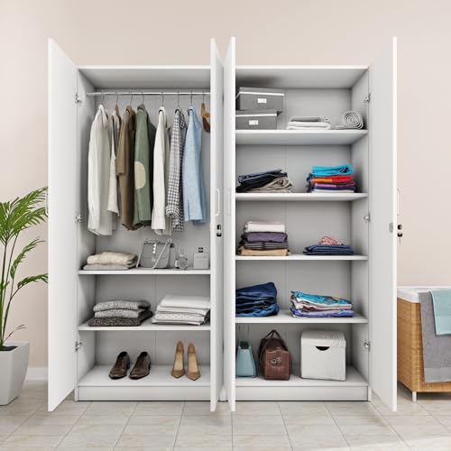 Image of VIKI Wardrobe |Wooden Almirah for 4 Door Shelves & Hanging Space Wardrobe (Frosty White - 40D x 160W x 180.8H) | 1 Year Warranty | Free Assembly