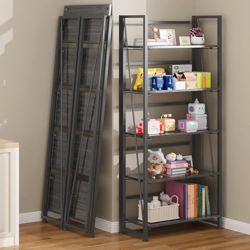 Image of JD FRESH 5 Tier Foldable Bookshelf Rack with Metal Frame & Wooden Shelves /Open Storage Rack /Multi-Purpose Stand /Space-Saving Display Shelf, Book Rack, Home Decor Organizer (Grey)