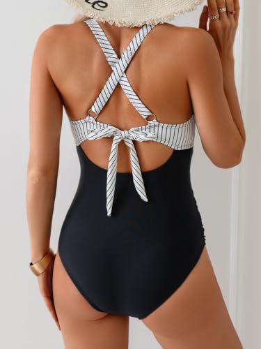 Image of B2prity Women's One Piece Swimsuit Tummy Control High Waisted Bathing Suit | Color Block,Removable Soft Cups,Cutout,V neck,Full Coverage,Adjustable Criss Cross Straps,Tie Back