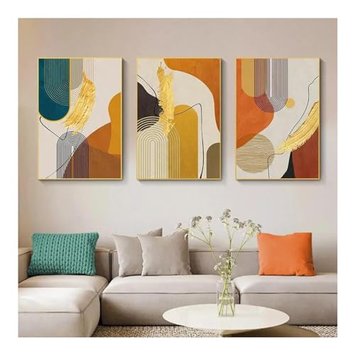 Tableau abstrait géométrique or 85x120cm triptyque avec cadre pour salon