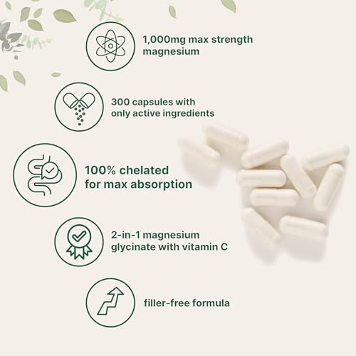 Image of Pure Magnesium Glycinate 1,000mg, 300 Capsules | 100% Chelated for Max Absorption | Enhanced with Vitamin C | Only Uses Active Ingredients