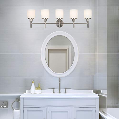 Design House 556225 Aubrey Transitional 5-Light Indoor Bathroom Vanity Light Dimmable Frosted Glass For Over The Mirror, Satin Nickel #TOP4
