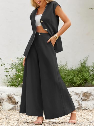 Cicy Bell Womens Summer 2 Piece Outfits Button Front V Neck Vest and High Waisted Wide Leg Pants Sets Black3