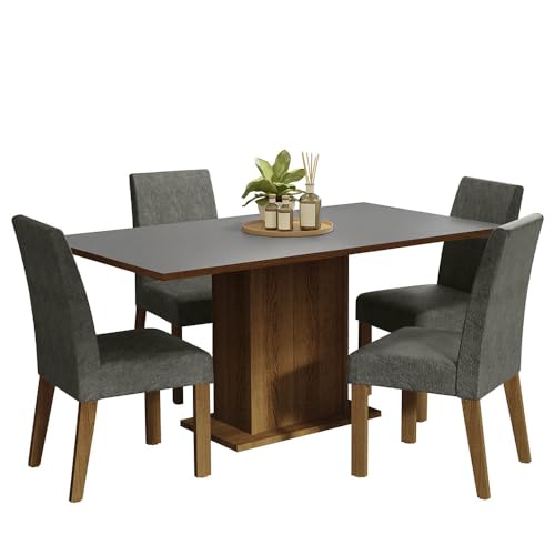 Image of Madesa 4 Seater Dining Set with Fully Cushioned Rectangular Table Top, Sturdy Wooden 160 Cm for Dining Room and Kitchen - Brown /Grey