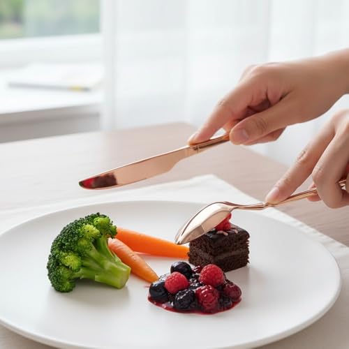 Image of Elegant Handle Rose Gold 20 Pcs Stainless Steel Cutlery Set for Dining Table, Dishwasher Safe Glossy Flatware (4 Spoon Set+4 Forks Set+4 Butter Knife+4 Dessert Spoon+ 4 Fruit Fork)