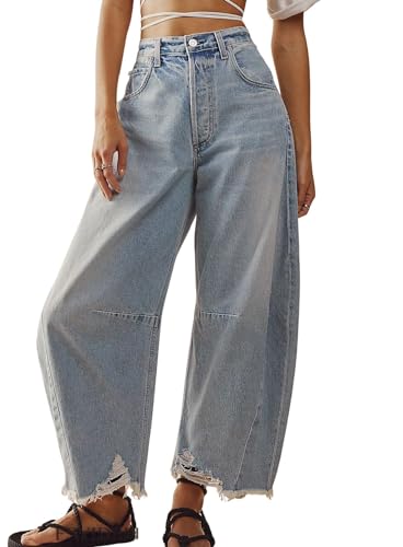 CHARTOU Women Barrel Jeans Distressed Boyfriend Baggy Jeans High Waist Wide Leg Jeans Y2k Ripped Harem Pants