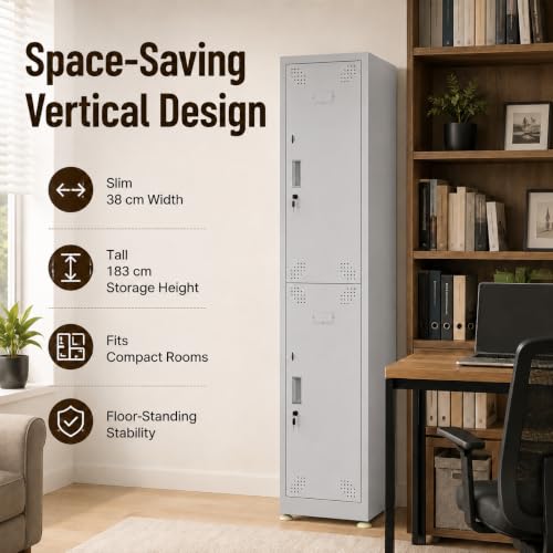 Image of Amazon Brand - Solimo 2 Door Steel Staff Locker Cabinet | Heavy Duty Lockable Storage Cupboard for Office Gym School Hostel Home | Powder Coated Metal Personal Storage Locker (Grey)