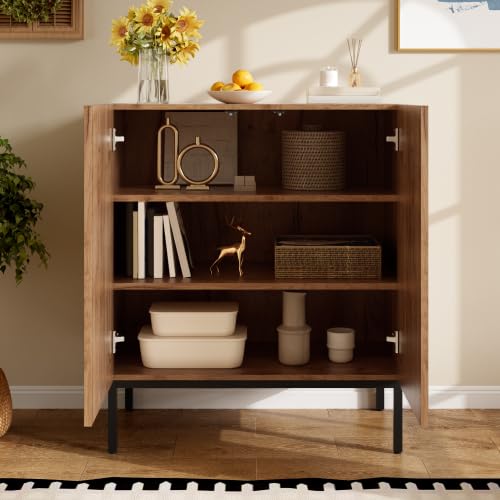 Credenza 70 cm Legno e Rattan PE, 2 porte, Ripiani regolabili