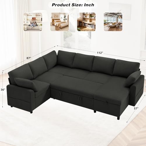 Image of 112 inch Fabric Sectional Sofa w /Pull Out Bed &Storage Chaise,Dark Grey