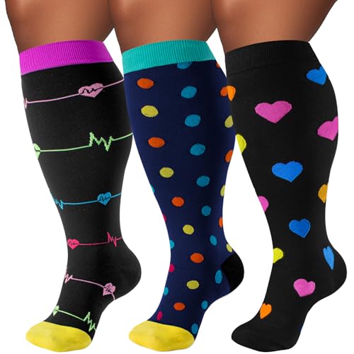Image of Plus Size Compression Socks for Women & Men 3 Pairs, Wide Calf Extra Large 20-30 mmHg Knee High Support Socks for Travel, Running, Nurse