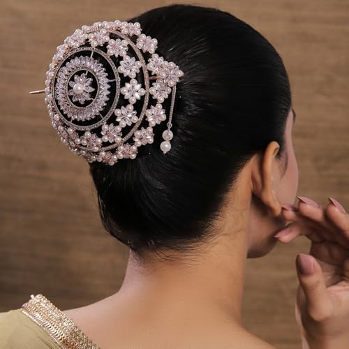 Image of Hair Bun Cage Accessory for Women | Handcrafted Brass Juda Cover with Stick | Anti-Tarnish Traditional Hair Accessory for Wedding & Festive (Sitara Hair Bun (Rose Gold))
