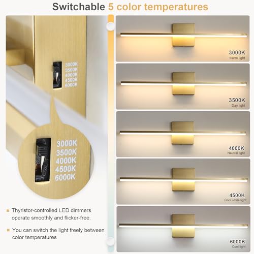 Image of Modern Bathroom Vanity Light 24 Inch, 18W Brushed Gold Bathroom Light Fixture Over Mirror, Dimmable 5CCT LED Wall Sconce Lighting for Restro