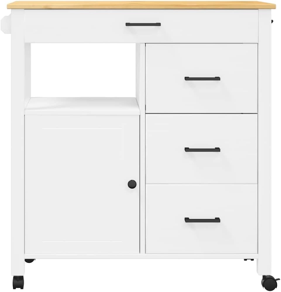 Kitchen Trolley Monza Solid Pine Wood Rolling Kitchen cart 33.1"x15.7"x34.8" with 4 Drawers and Door Kitchen Storage cart with Wheels for Dining Utility and Food use