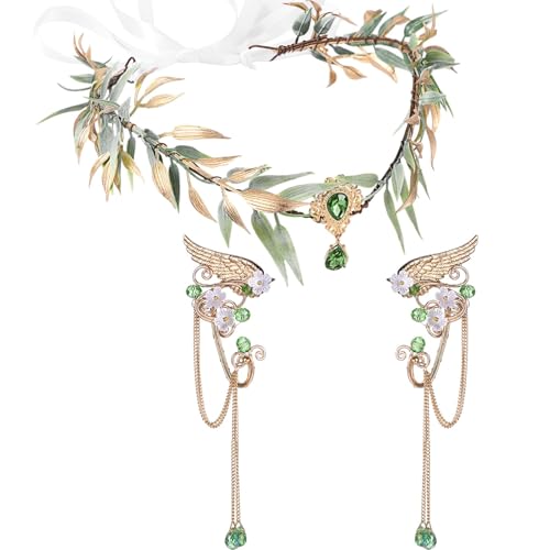2 Stück Waldfee Kopfschmuck, Feen Kostüm Damen, Gold Elf Blumenkranz Stirnband und Elfenohren Schmuck, Elfen Kopfschmuck Grüner Kristall Kette für Hochzeit Karneval Halloween Cosplay