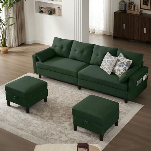 Image of 101 inch Sectional Sofa U Shaped Couch with Storage Ottomans, 4 Seater Convertible Couches for Living Room | Linen Fabric | 2 Movable Ottoman Reversible Chaises | Sectional Couch Set, Green
