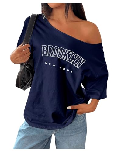 SHENHE Women's Oversized Off The Shoulder T Shirt Letter Print Graphic Short Sleeve Vintage Tee