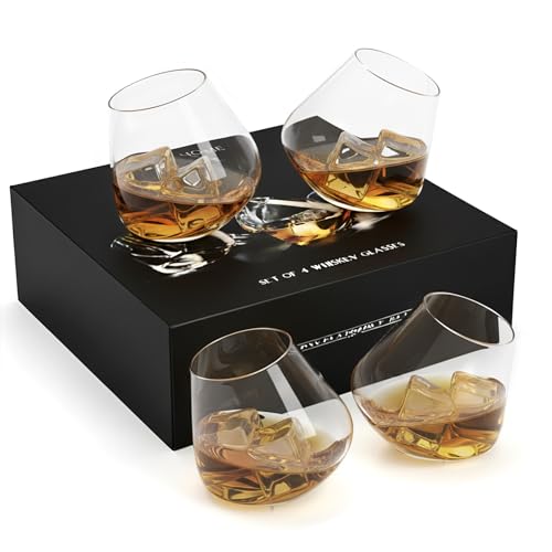 MyGift Tilted Whiskey Tumblers Set of 4, Old Fashioned Scotch and Bourbon Glasses, Includes Gift Box