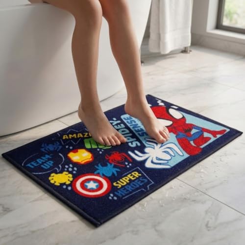 Image of Athom Living Premium Anti Slip Printed Kids Bathmat, Durable Nylon Fabric, Soft Texture, Easy to Clean, Stylish Home Decor Mat for Doorway & Kids Room, 37x57 cm, Multicolor (Marvel - Spidey)