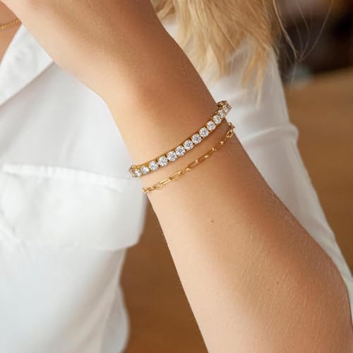 LANE WOODS Simulated Diamond Moissanite Tennis Bracelets for Women: 14K Gold Plated 925 Sterling Silver Bracelets for Woman Men4