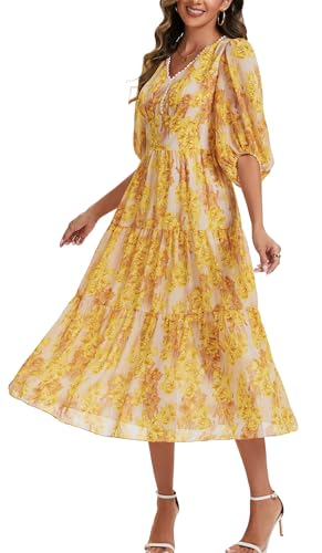 Kormei Women's V Neck 3/4 Sleeve Boho Long Flowy Dress Wedding Guest Engagement Party Casual Chiffon Dresses4